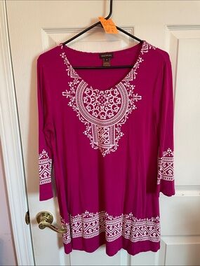Multiples Magenta Tunic with White Embroidered Neckline